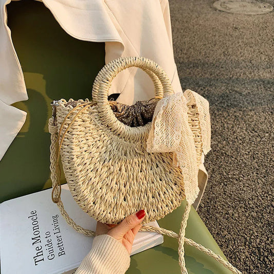 ByMave - Wicker bag with round lace and walnut bow-Elly Rose
