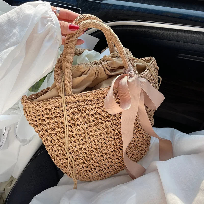 ByMave - Handmade hollow wicker bag with bow tie-Elly Rose