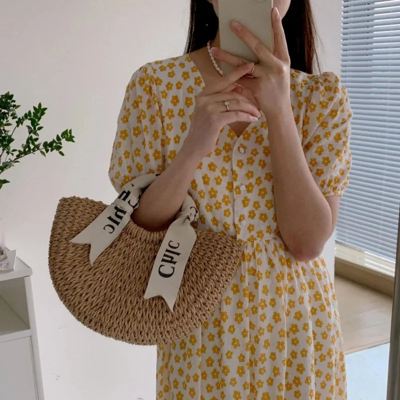 ByMave - Hand-woven brown wicker bag with letter print-Elly Rose