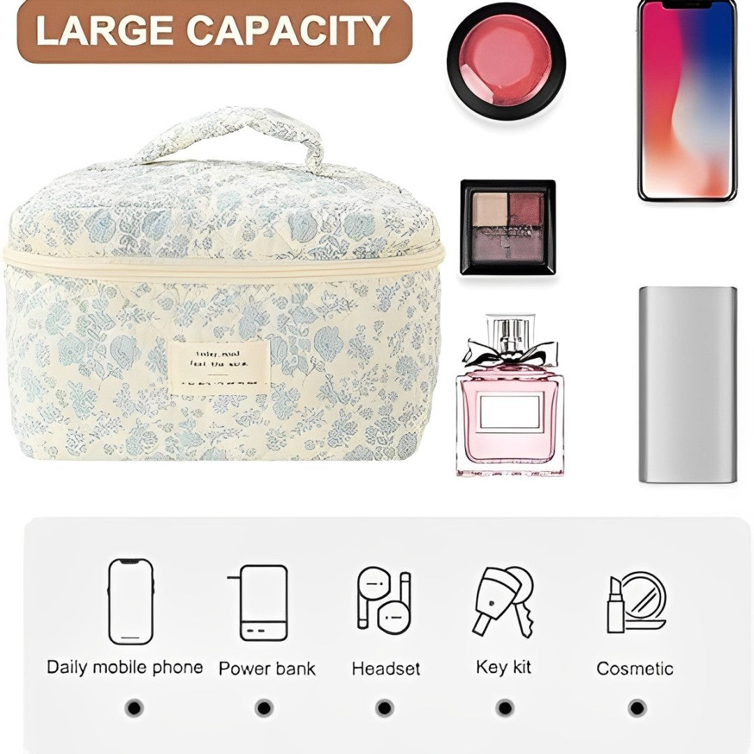 BlossomTidy - Large quilted make-up bag with flowers for women-Elly Rose