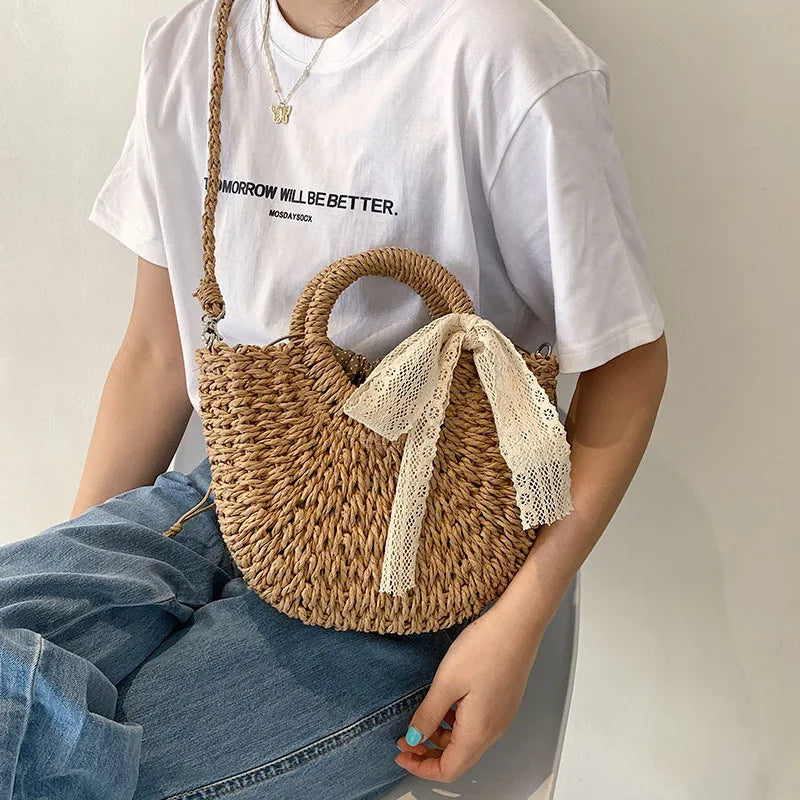 ByMave - Wicker bag with round lace and walnut bow-Elly Rose
