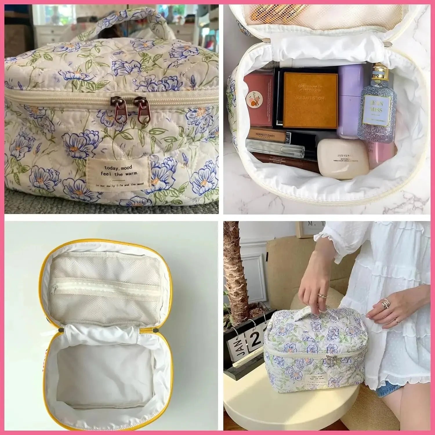 BlossomTidy - Large quilted make-up bag with flowers for women-Elly Rose