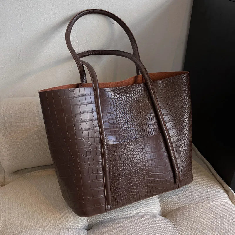 Iversen™ Betina | Vintage brown leather shoulder bag with crocodile print.-Elly Rose